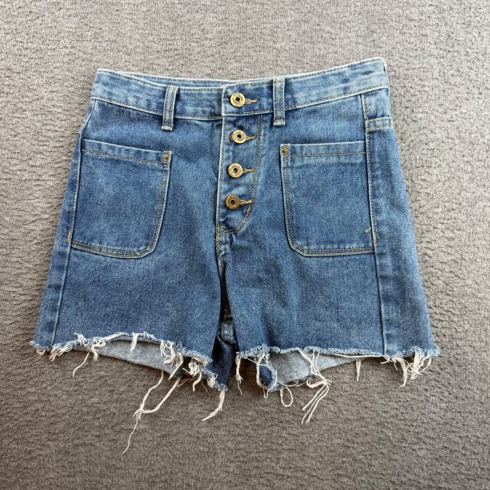 En Creme Denim Shorts Women's Small Blue Button Fly Frayed Hem High Rise Pockets